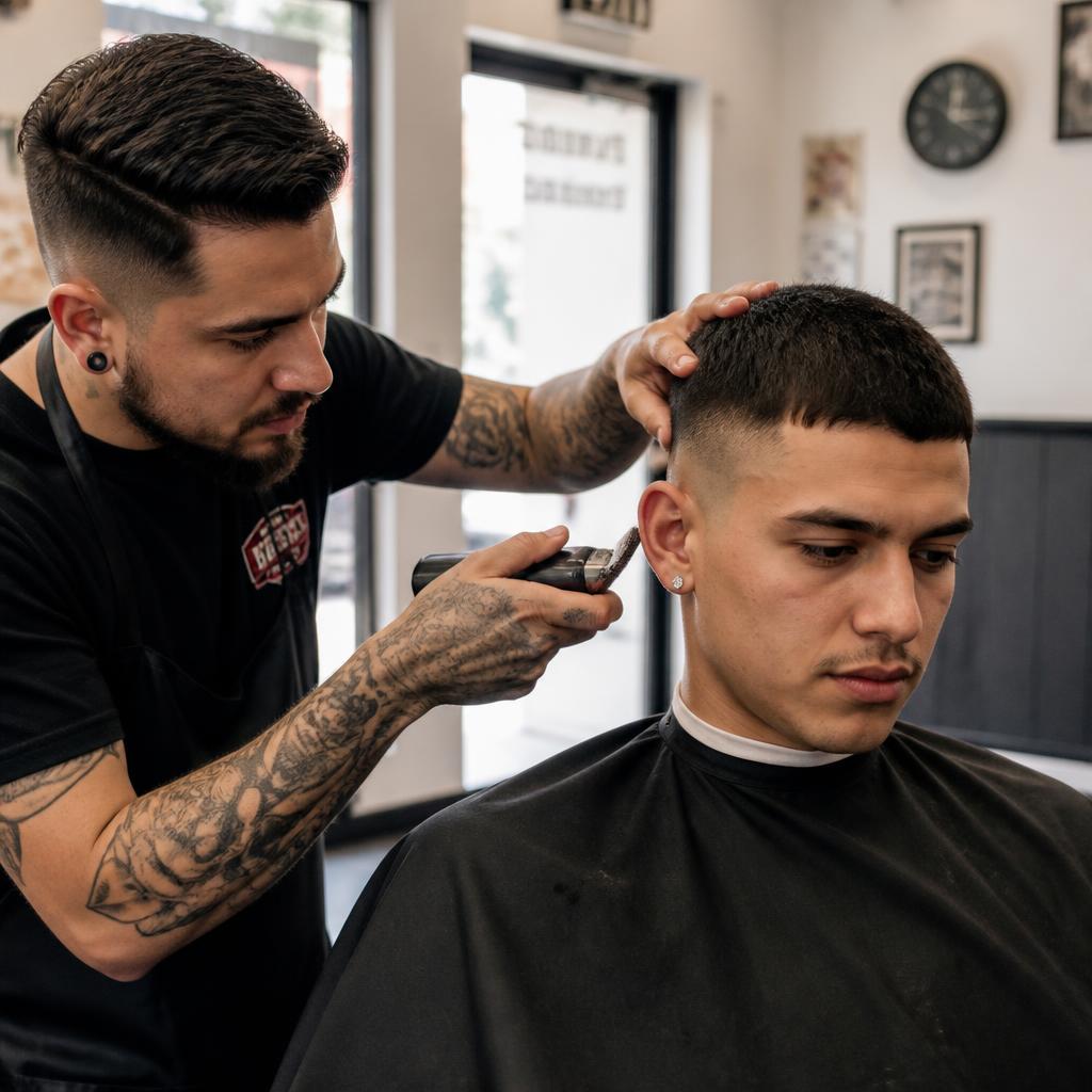 Barber giving a precise fade haircut