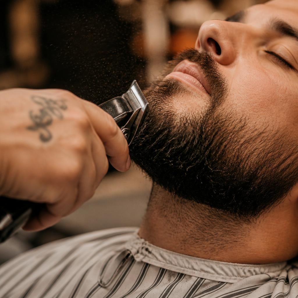 Barber trimming a beard with clippers